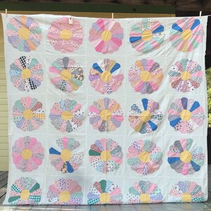 Vintage Handcrafted Feed Sack Quilt Top Blue Pink Green Yellow Beige Farmhouse Size 84 x 82 image 2