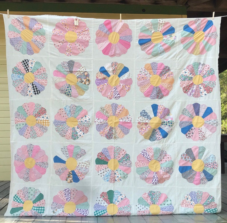 Vintage Handcrafted Feed Sack Quilt Top Blue Pink Green Yellow Beige Farmhouse Size 84 x 82 image 2