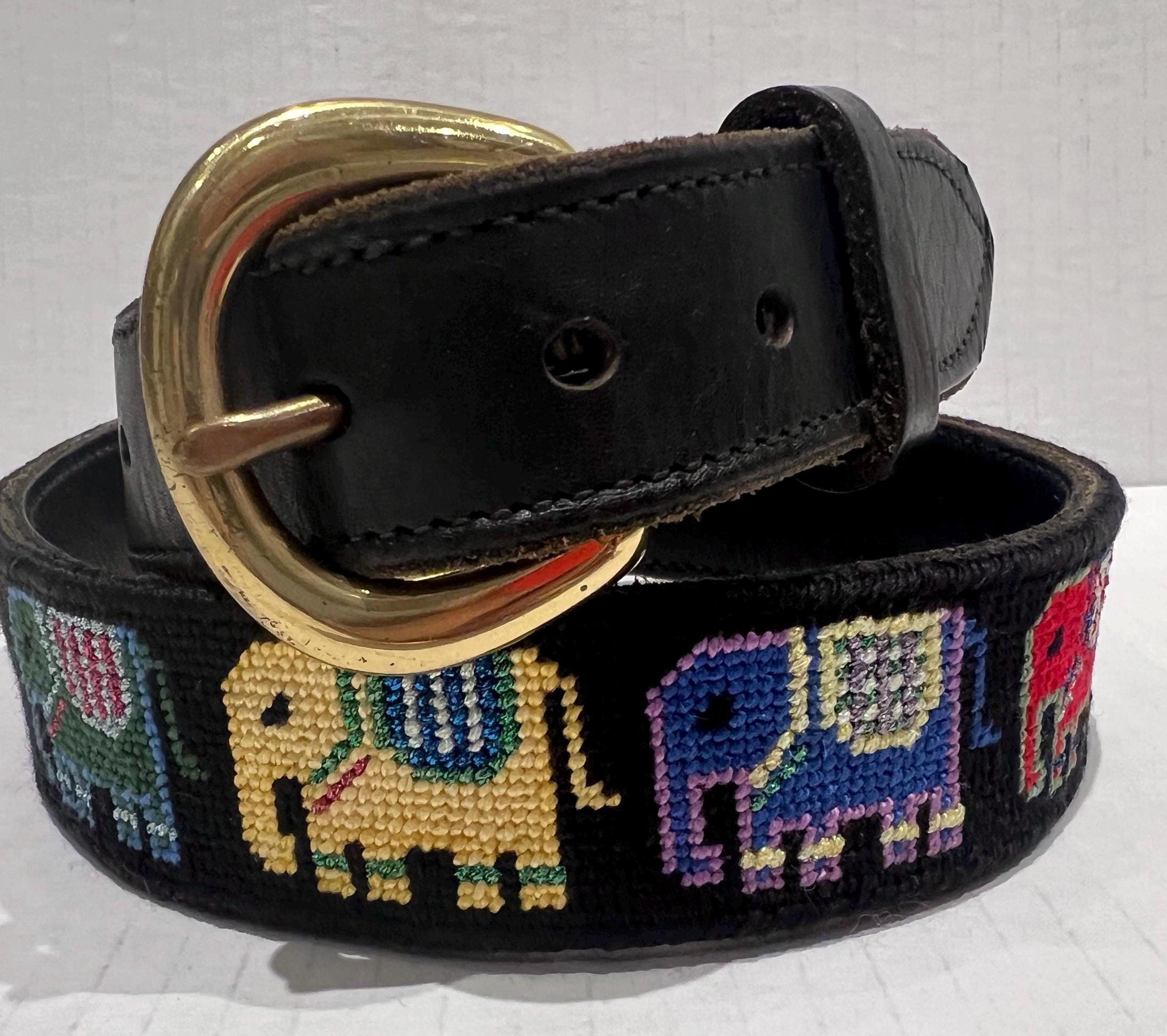 Needlepoint Elephant Belt Black Leather Handcrafted Fashion  display picture 2