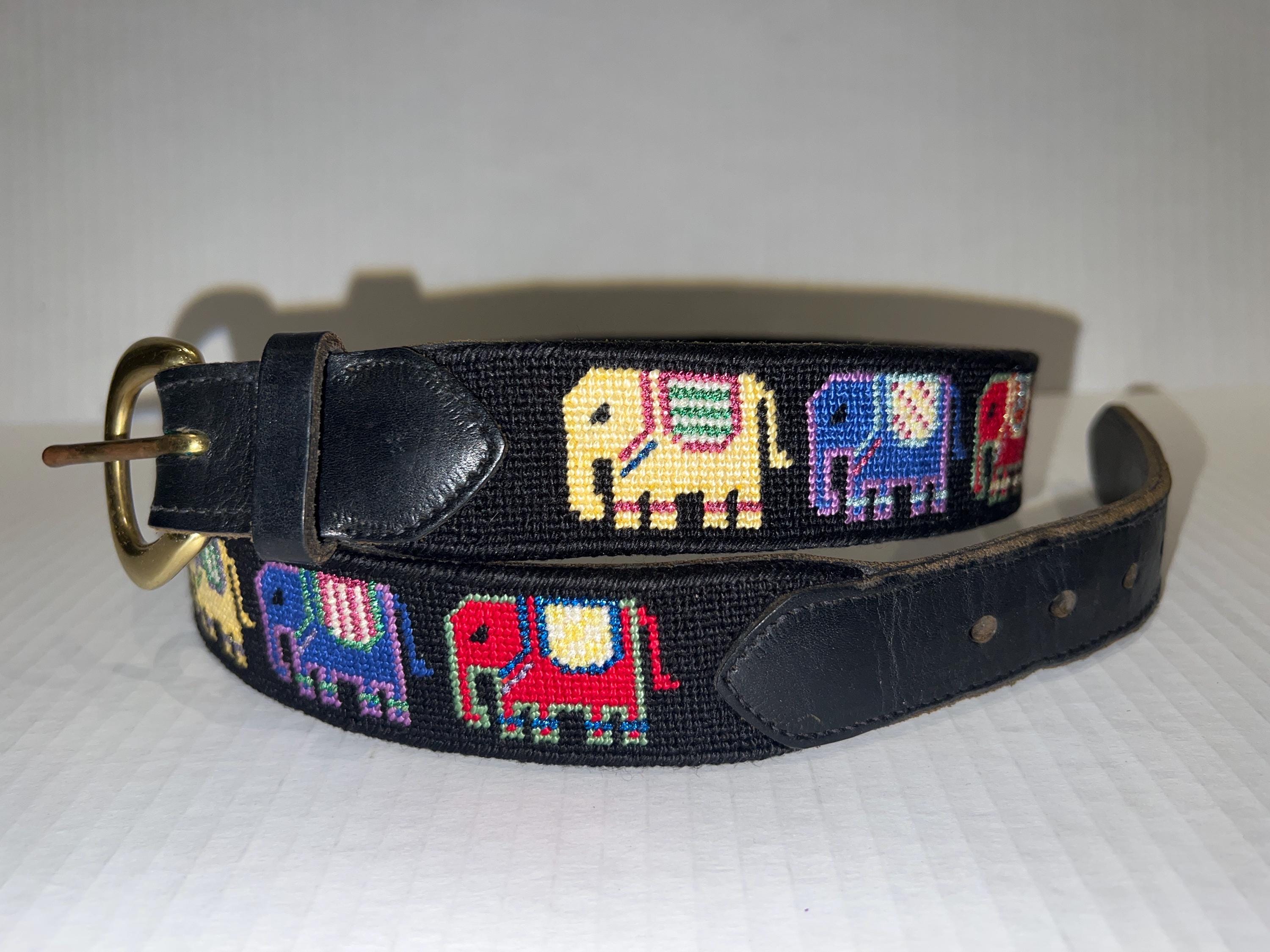 Needlepoint Elephant Belt Black Leather Handcrafted Fashion  display picture 3