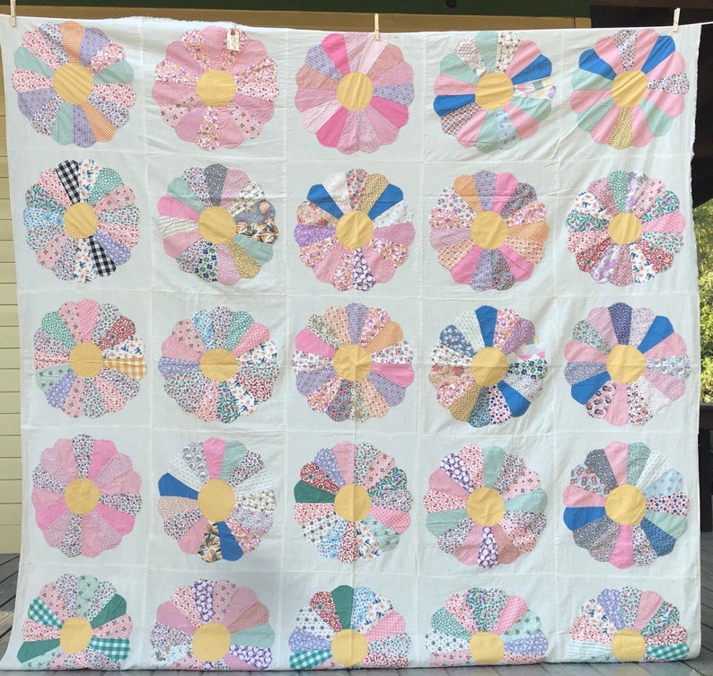 Vintage Handcrafted Feed Sack Quilt Top Blue Pink Green Yellow Beige Farmhouse Size 84 x 82 image 6