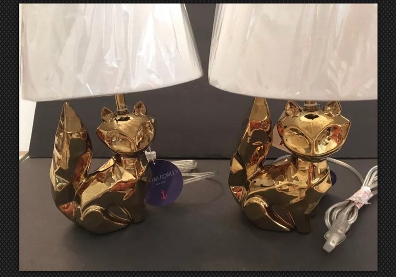 Set Of 2 Gold Ceramic Cat Boudoir Table Lamps With Shade Desk Image 0