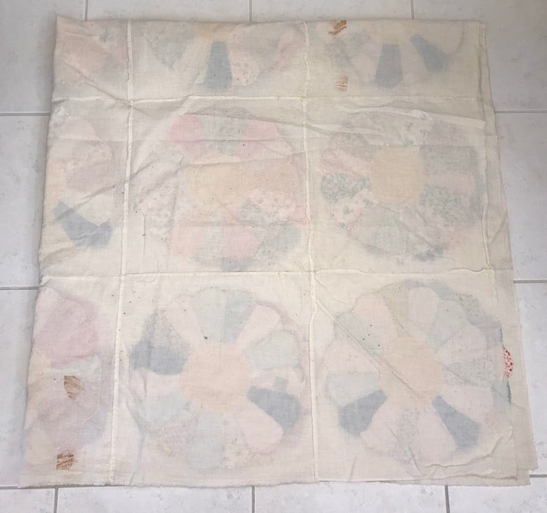 Vintage Handcrafted Feed Sack Quilt Top Blue Pink Green Yellow Beige Farmhouse Size 84 x 82 image 9