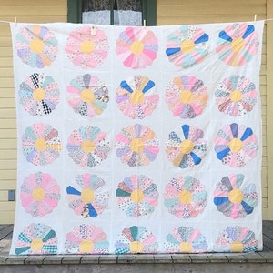 Vintage Handcrafted Feed Sack Quilt Top Blue Pink Green Yellow Beige Farmhouse Size 84 x 82 image 1