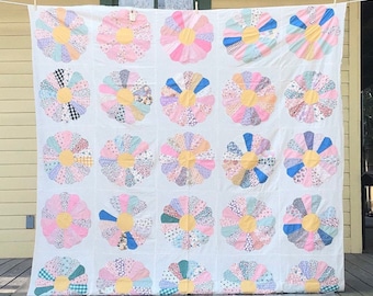 Vintage Handcrafted Feed Sack Quilt Top Blue Pink Green Yellow Beige Farmhouse Size 84" x 82"