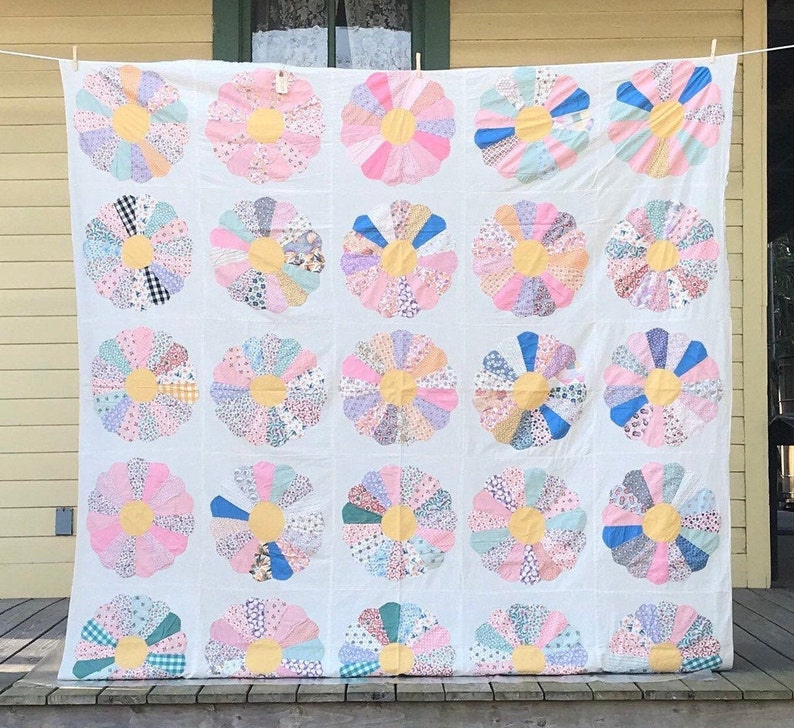 Vintage Handcrafted Feed Sack Quilt Top Blue Pink Green Yellow Beige Farmhouse Size 84 x 82 image 1