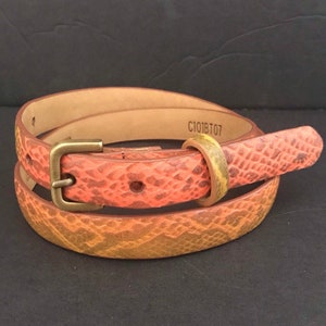 May include: A thin orange and yellow snakeskin leather belt with a brass buckle. The belt has the text "C101BT07" embossed on the back.