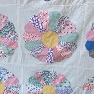 Vintage Handcrafted Feed Sack Quilt Top Blue Pink Green Yellow Beige Farmhouse Size 84 x 82 image 4