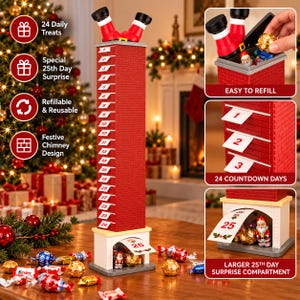 May include: A tall, red, brick-patterned advent calendar shaped like a chimney with Santa's legs protruding from the top. It features 24 numbered white tabs for daily treats and a larger compartment at the base labeled 25.