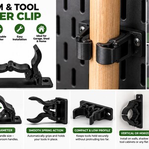 May include: A black plastic broom and tool holder clip featuring a spring-loaded mechanism for adjustable grip. The set includes mounting screws and wall anchors, designed for vertical or horizontal installation on flat surfaces to secure various handle sizes.