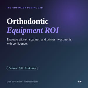 May include: A digital graphic with a dark blue gradient background featuring the text The Optimized Dental Lab, Orthodontic Equipment ROI, Evaluate aligner, scanner, and printer investments with confidence, Payback, ROI, Break-even.