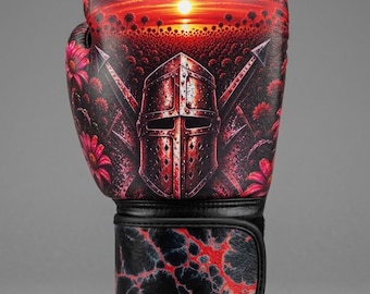 Knight Warrior Boxing Gloves, Red Sunset Medieval Helmet Custom Boxing Gloves, Pro Training Sparring Gloves