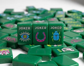 Mahjong Set Green Acrylic Tiles | 160 Piece American Mahjong with Joker Tiles | Floral Mushroom Design Game Set | Gift for Players