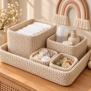 Crochet Basket Pattern PDF, Nursery Storage Basket Set with Tray, Diaper Basket, Baby Room Organizer, Waistcoat Stitch
