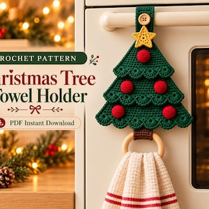 May include: A crochet Christmas tree towel holder featuring a green tree with red spherical ornaments, a yellow star topper, and a wooden ring at the base. The text reads: CROCHET PATTERN Christmas Tree Towel Holder PDF Instant Download.