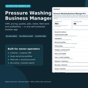 May include: A digital dashboard for the Pressure Washing Business Manager Pro app, displaying system health, business records, and operational readiness modules. The interface features a dark blue background with white text and organized data fields.