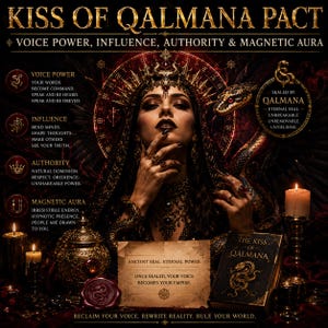 Op de afbeelding: Een donker vormgegeven afbeelding met de tekst KISS OF QALMANA PACT, een centrale figuur met een versierde hoofdtooi, een kronkelende slang, kaarsen, een waszegel en een boek getiteld THE KISS OF QALMANA. De afbeelding bevat beschrijvende tekst over stemkracht, invloed, autoriteit en magnetische uitstraling.