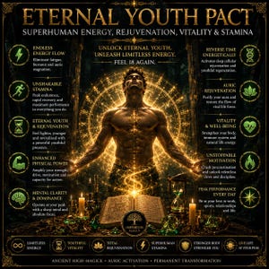 May include: A poster titled ETERNAL YOUTH PACT featuring a central figure surrounded by a glowing golden circular emblem. The image includes text detailing benefits like energy, stamina, and rejuvenation, alongside icons, candles, and an open book.