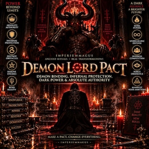 Könnte beinhalten: Ein Dark-Fantasy-Poster mit dem Titel Demon Lord Pact, das eine gehörnte Figur auf einem Thron, eine kniende Person in Robe und Text wie Power Beyond Limits, Ancient Rituals, Real Transformations und Same Reality New Rules zeigt.