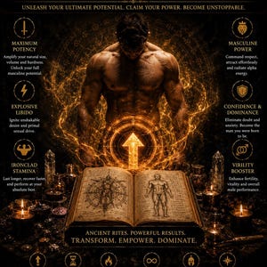 Può includere: Un poster scuro intitolato MALE ENHANCEMENT PACT che mostra una figura muscolosa dietro un libro aperto con illustrazioni anatomiche. Il design include icone dorate luminose, testo sulla potenza e candele su una superficie.