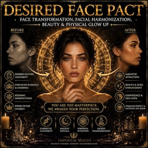 Peut inclure: Une affiche numérique intitulée DESIRED FACE PACT présentant un portrait central, encadré par des profils avant et après. Le design inclut du texte doré, des symboles astrologiques circulaires et des icônes étiquetées comme Energetic Alignment.