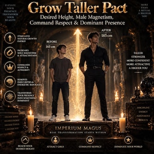 Può includere: Un grafico digitale intitolato Grow Taller Pact che mostra due figure, una etichettata 165 cm e l'altra 185 cm, davanti a una freccia dorata luminosa. L'immagine include testo su altezza, magnetismo e autorità, con icone e candele.