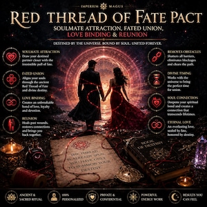 May include: A digital graphic titled Red Thread of Fate Pact featuring a couple standing before a glowing portal. The image includes text describing soulmate attraction, fated union, love binding, and reunion, alongside a book labeled Book of Destiny.
