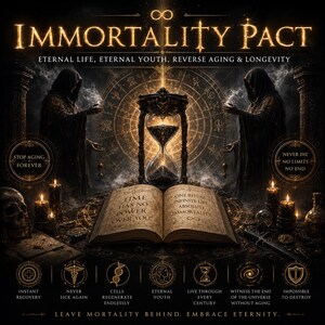 May include: A dark, mystical poster titled IMMORTALITY PACT featuring two hooded figures, a central hourglass, and an open book with text reading TIME HAS NO POWER OVER YOU and ONE RITUAL INFINITE LIFE ABSOLUTE IMMORTALITY, surrounded by candles and occult symbols.