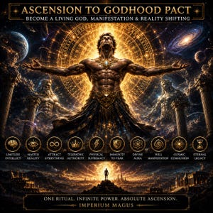 Puede incluir: Una ilustración digital titulada ASCENSION TO GODHOOD PACT que muestra una figura central con los brazos extendidos ante un círculo cósmico dorado. Debajo hay diez iconos circulares con texto que incluye LIMITLESS INTELLECT y ETERNAL LEGACY.