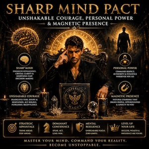 May include: A promotional graphic titled SHARP MIND PACT featuring a central figure in a suit sitting behind a box labeled IMPERIUM MAGUS. The image includes gold text, icons of a brain, lion, and magnet, and descriptive phrases about intelligence, power, and presence.