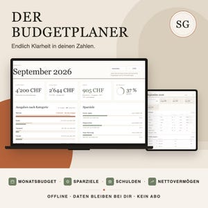 Könnte beinhalten: Ein digitaler Budgetplaner auf einem Laptop- und Tablet-Bildschirm. Die Benutzeroberfläche zeigt Finanzdaten für September 2026, inklusive Einnahmen, Ausgaben und Sparzielen in CHF. Text: DER BUDGETPLANER, MONATSBUDGET, SPARZIELE, SCHULDEN, NETTOVERMÖGEN, OFFLINE DATEN BLEIBEN BEI DIR KEIN ABO.