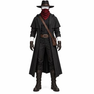 May include: A dark grey hooded trench coat worn over a black shirt and trousers, paired with a dark brown wide-brimmed hat, a deep red neck gaiter, brown leather gloves, a brown leather belt with a silver buckle, a brown crossbody bag, and tall boots.