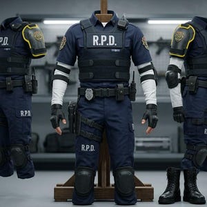 May include: Three dark blue R.P.D. police uniforms displayed on mannequins. Each set includes a short-sleeved shirt with R.P.D. lettering, a tactical vest, utility belt, knee pads, and black boots. The uniforms feature yellow shoulder accents.
