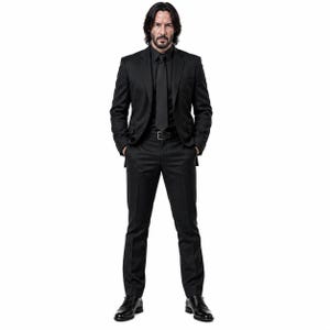 Könnte beinhalten: Eine Person mit schulterlangem dunklem Haar und Bart trägt einen einfarbigen schwarzen Anzug, ein schwarzes Hemd, eine schwarze Krawatte und schwarze Lederschuhe. Das Outfit besteht aus einem taillierten Sakko, einer passenden Hose und einem Gürtel.