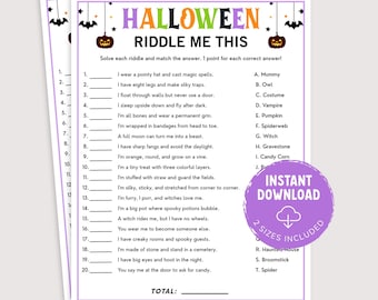 May include: A Halloween Riddle Me This game sheet featuring twenty numbered riddles and corresponding lettered answers. The page includes illustrations of pumpkins, bats, and stars, with a purple circular badge stating Instant Download.