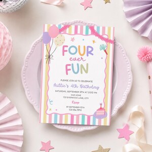 Four Ever Fun Girl Pastel Colorful Invite, Whimsical 4th Birthday, Canva Template