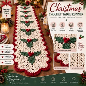 Pode incluir: Um padrão de caminho de mesa em crochê com um design rendado na cor creme e uma borda festonada vermelha. O caminho é decorado com motivos repetitivos de folhas de azevinho verdes e bagas vermelhas. O texto diz Christmas Crochet Table Runner.