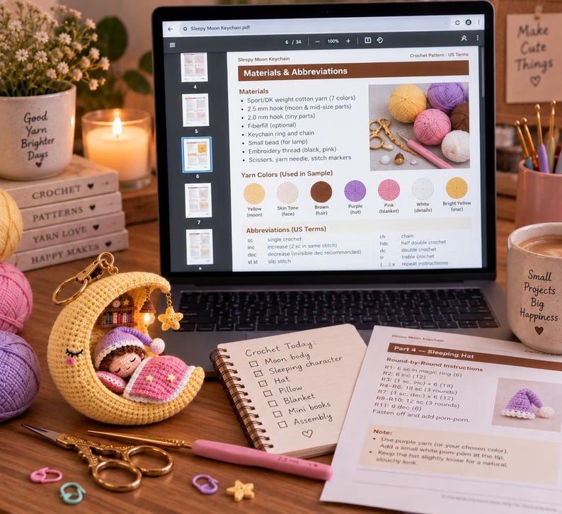 Pdf Purple Screen Crochet Moon Keychain Pattern, Sleepy Moon Amigurumi PDF, Mini Bedroom ...