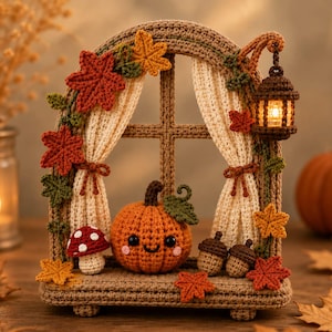 May include: A crocheted window frame display featuring a central orange pumpkin with a smiling face, a red and white spotted mushroom, and two brown acorns. The frame is decorated with crocheted autumn leaves, cream curtains, and a hanging lantern.
