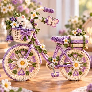 Peut inclure: Un vélo décoratif en crochet aux tons violet, crème et vert. Le panier avant contient un petit chat blanc, tandis que le porte-bagages arrière transporte une pile de livres. Les roues présentent des motifs de cœurs et de fleurs.