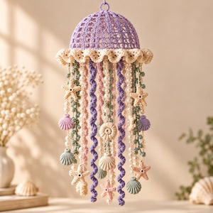 May include: A hanging jellyfish mobile crafted from lavender crochet yarn with a cream-colored ruffled edge. The structure features dangling strands of twisted purple and pink yarn, green crocheted vines, white faux pearls, and various seashells.