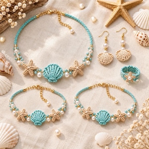 May include: A jewelry set featuring a braided turquoise cord necklace, two matching bracelets, a ring, and drop earrings. Each piece incorporates beige crocheted starfish and seashell motifs, accented with white pearls and gold-tone metal hardware.