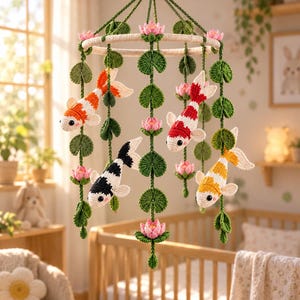 May include: A hanging mobile featuring four crocheted koi fish in orange, red, black, and yellow patterns. The mobile includes green crocheted lily pads and pink lotus flowers suspended from a circular frame wrapped in light-colored yarn.