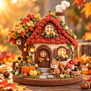 May include: A handcrafted crochet miniature house featuring a textured red roof, a brown door, and a chimney with smoke. The scene includes a squirrel, pumpkins, sunflowers, and red-and-white mushrooms, all set on a circular base.