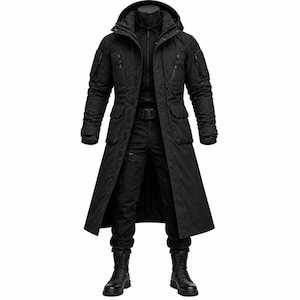 Könnte beinhalten: Ein langer, schwarzer Mantel mit Kapuze, Frontreißverschluss, mehreren Utility-Taschen an Brust und Taille sowie langen Ärmeln. Der Mantel wird über einer schwarzen Reißverschlussjacke, einer schwarzen Hose mit Gürtel und schwarzen Schnürstiefeln getragen.