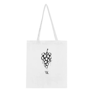 May include: A white tote bag featuring a black ink-style illustration of a cluster of grapes centered on the front. Below the grape graphic, the letters "VX." are printed in a simple black font. The bag has two long shoulder straps.