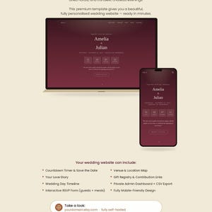 May include: A digital wedding website template by Willowmere Studio featuring a dark burgundy color scheme. The display shows a laptop and smartphone interface with the names Amelia and Julian, a countdown timer, and wedding event details.