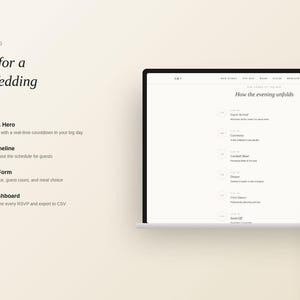 May include: A digital wedding website template displayed on a laptop and smartphone screen. The text lists features including a live countdown, story and day-of timeline, interactive RSVP form, and a private admin dashboard for event management.