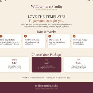 May include: A beige informational graphic for Willowmere Studio detailing a wedding website setup service. It outlines a four-step process, lists three service packages labeled Basic, Full, and VIP with pricing, and includes contact instructions.