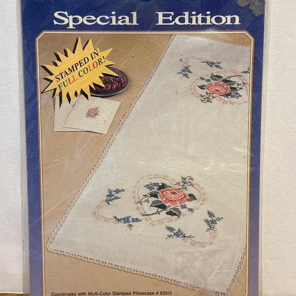 Rose Heart Special Edition Bucilla Dresser Scarf 63318 Stamped Embroidery Kit NOS